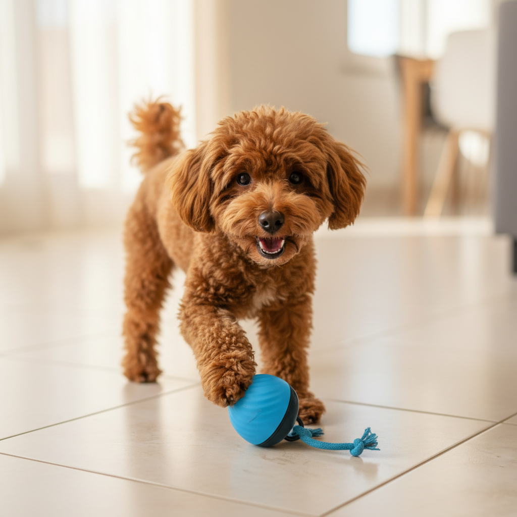 Caniche con pelota más grande