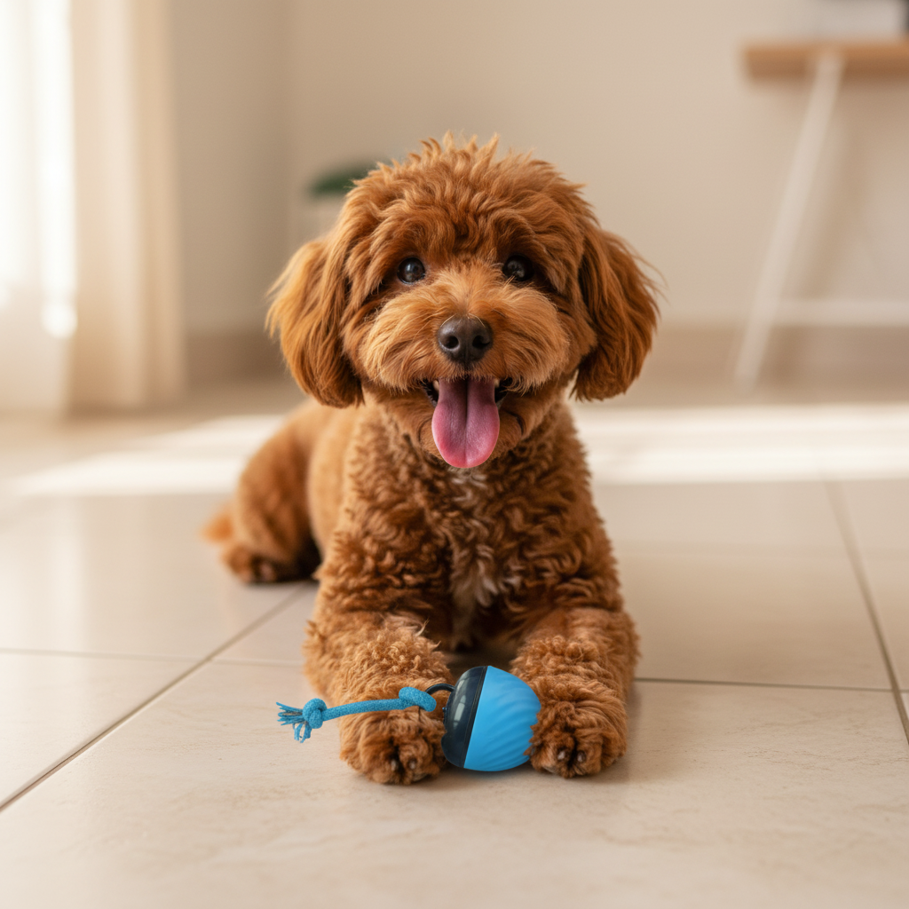 Caniche feliz sin collar con pelota azul